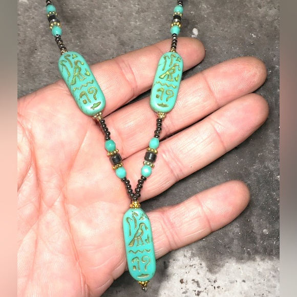 Aqua, Gold, Hematite Czech beaded Egyptian Cartouche Hieroglyphics Necklace 20” - Picture 2 of 4